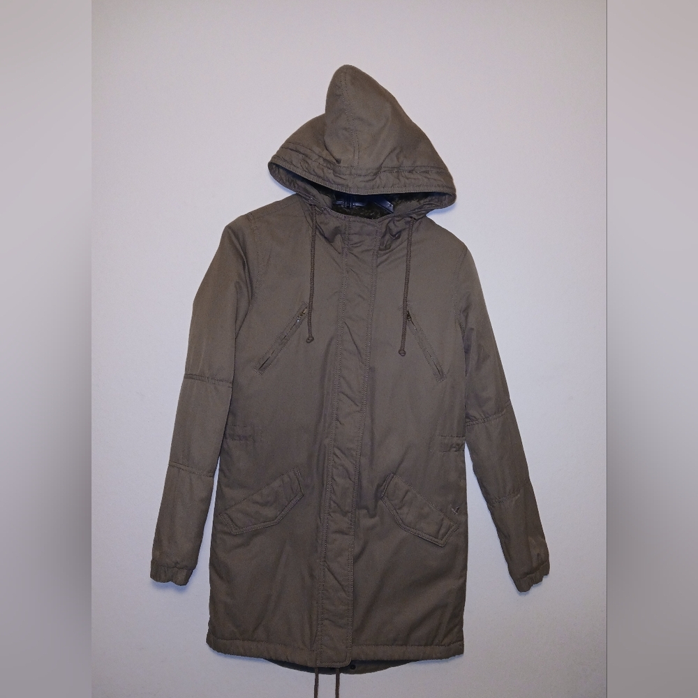 Womens American Eagle Parka With Hood Tan Faux Fur Quilted Lined Size XXS